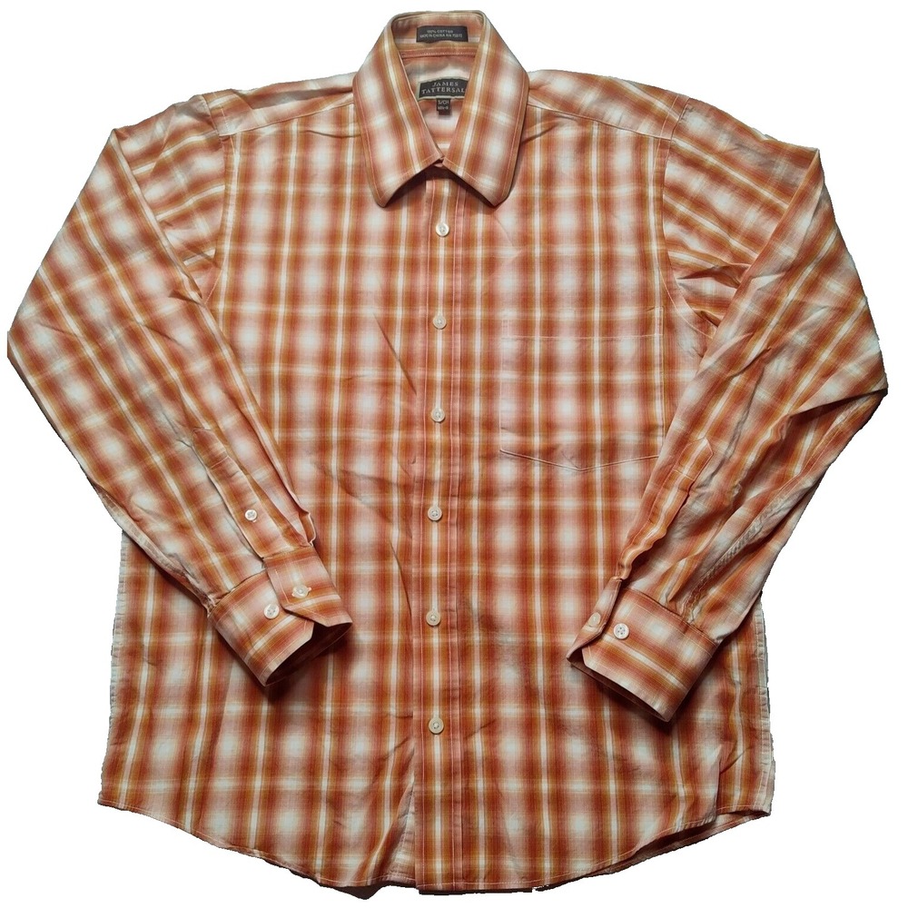 JAMES TATTERSALL Men Small (14.5-15) Orange Plaid Cotton Long Sleeve Shirt